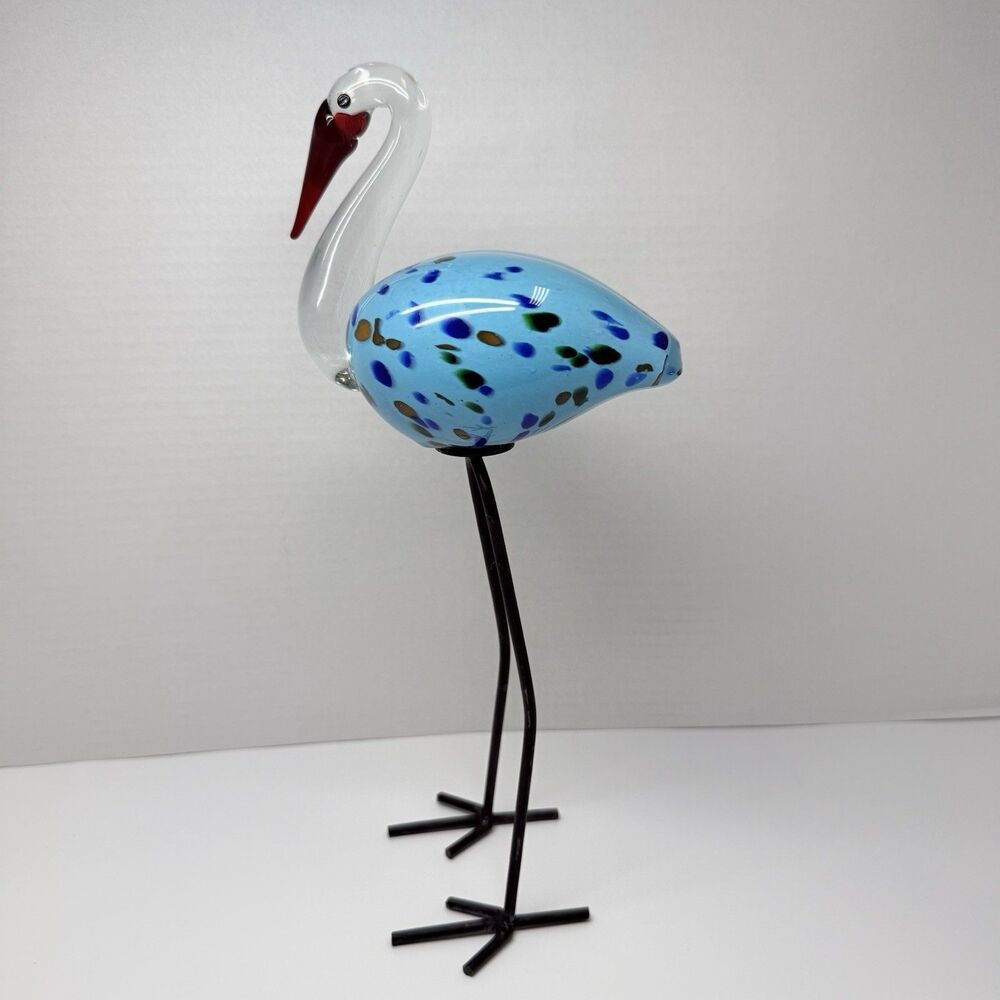 Hand Blown Murano Style Art Glass Turquoise Speckled Bird With Tall Metal Legs